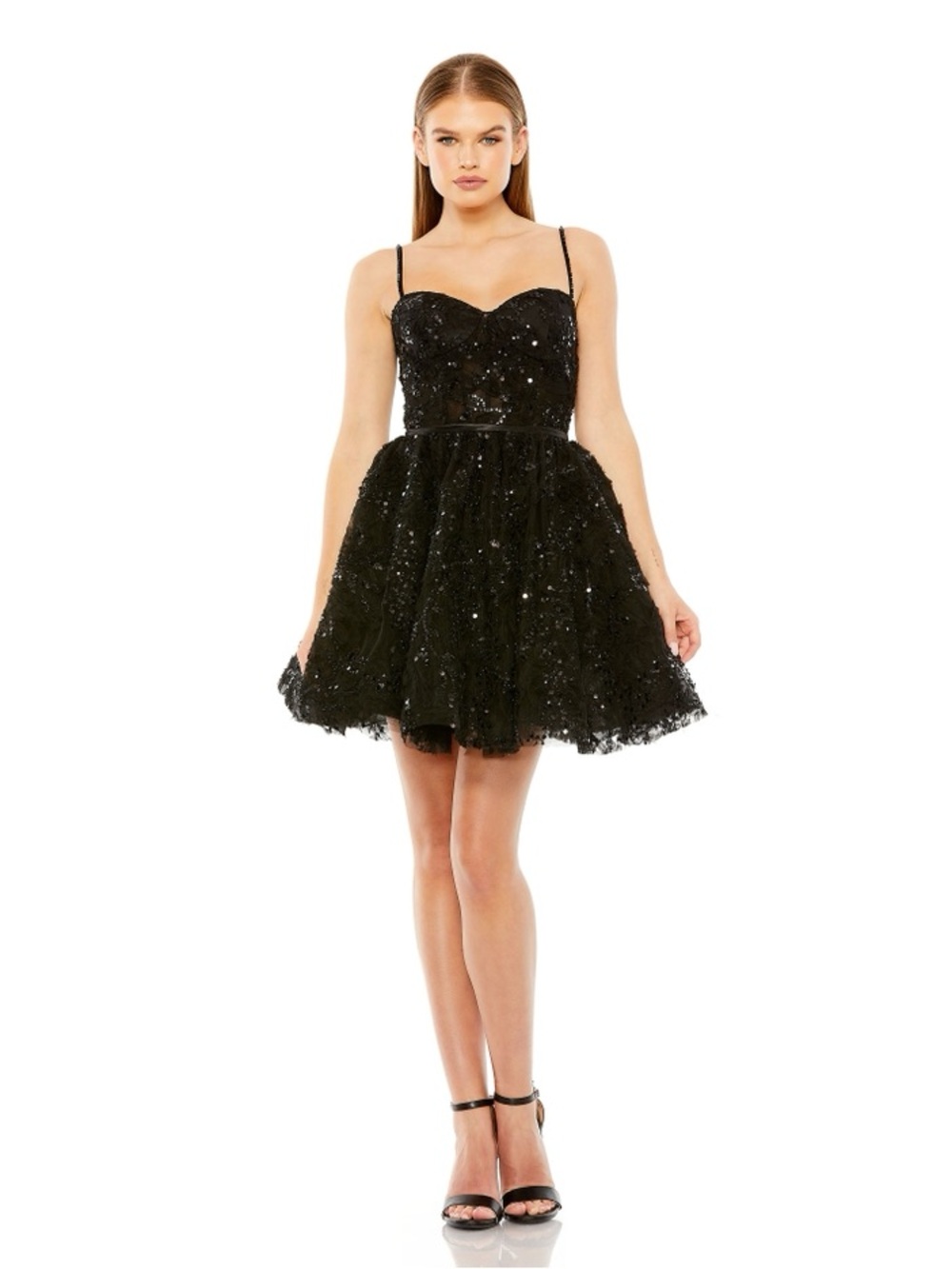 Mac Duggal Black Beaded Strap Bustier Sequin Mini Dress Fit & Flare Size 2